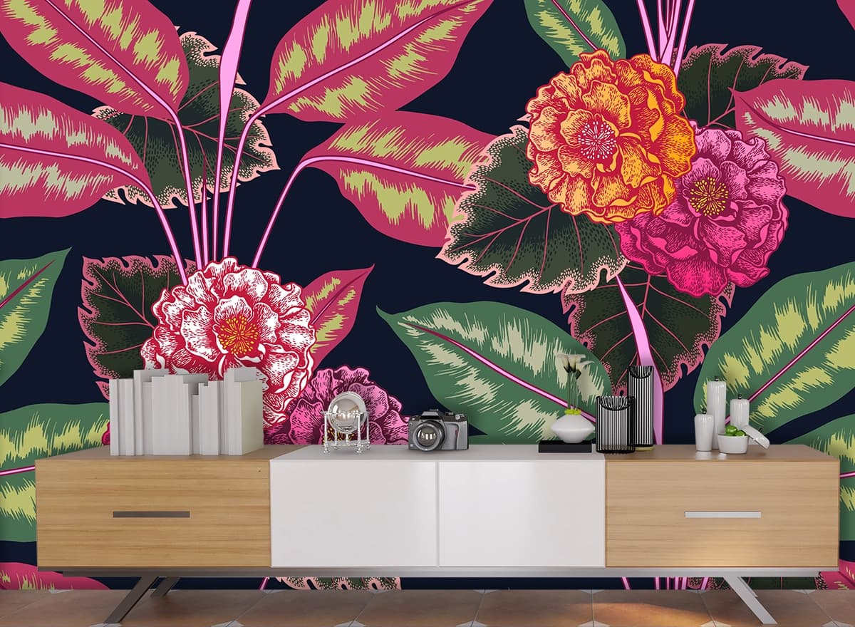 Beautiful Flowers and Leaves Wallpaper Mural shown in a room