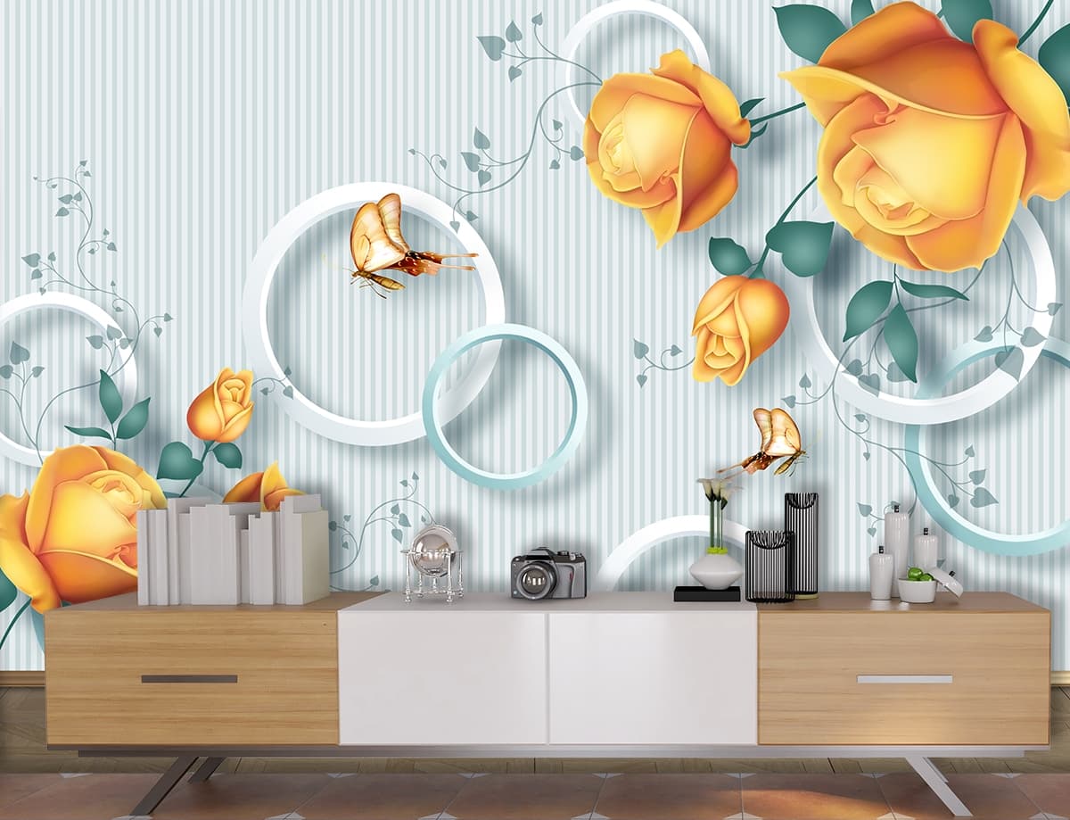 Aesthetic Butterfly and Flower Design Wall Mural Wallpaper shown in a room
