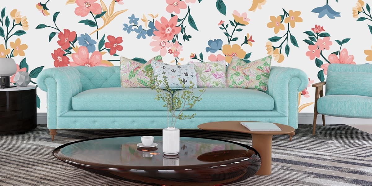 A Floweret Finesse Fantasy Wallpaper Mural shown in a room