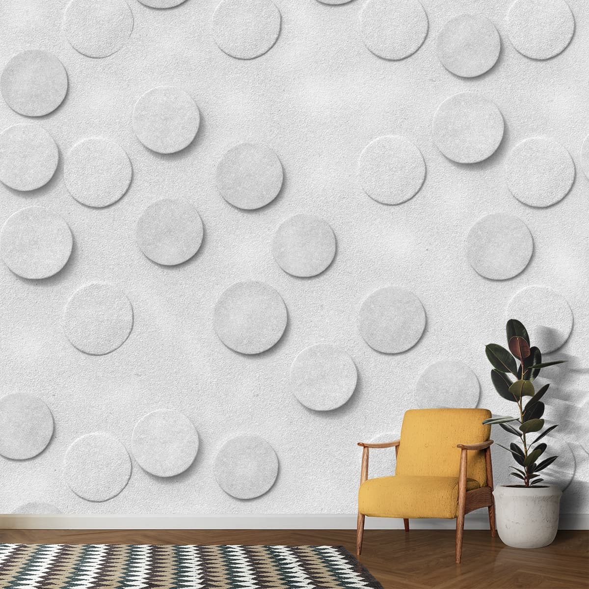 A white circle pattern on a white surface shown in a room