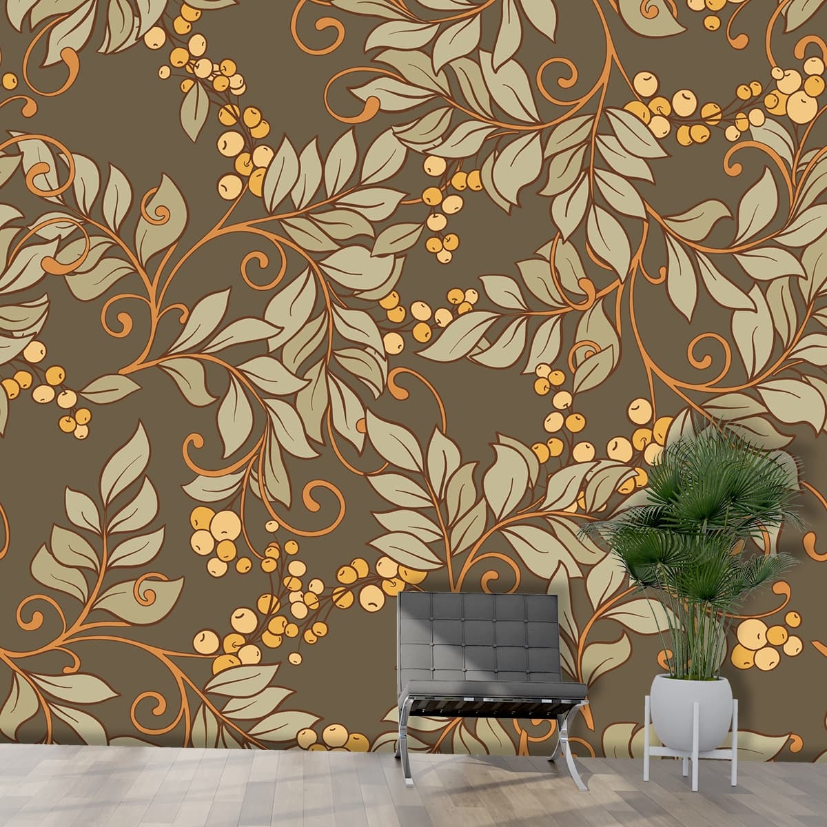 A Pattern of Leaves and Berries Wallpaper shown in a room