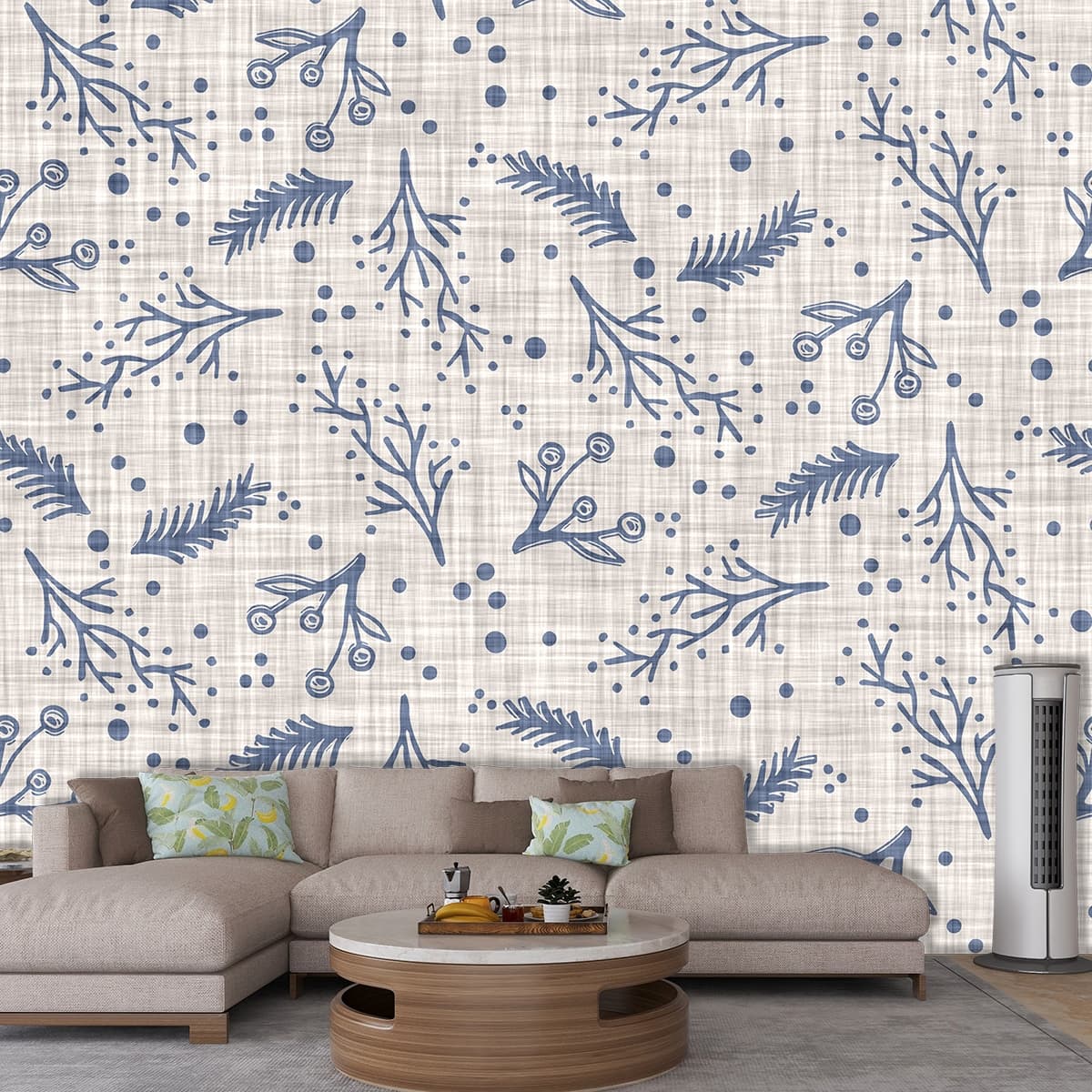 A Blue and White Floral Pattern shown in a room