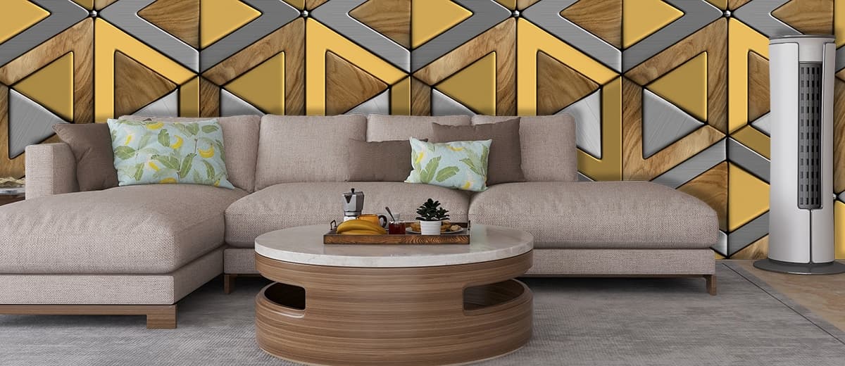 Stylish Wood Texture Triangles Pattern Wallpaper shown in a room