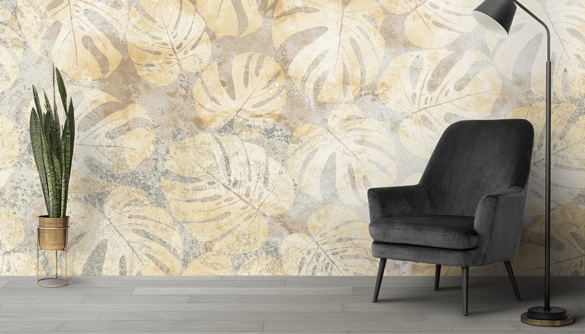 Subtle Beige Leaf Pattern Botanical Style Wallpaper shown in a room