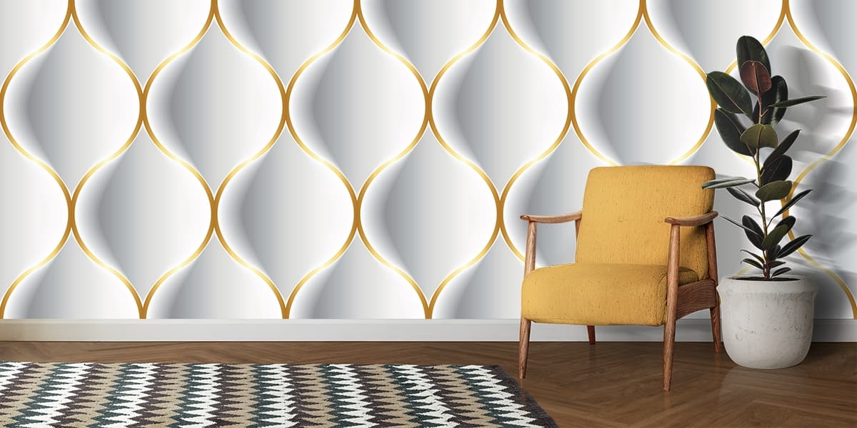 Luxurious Serene White and Gold Geometric Pattern Wallpaper shown in a room