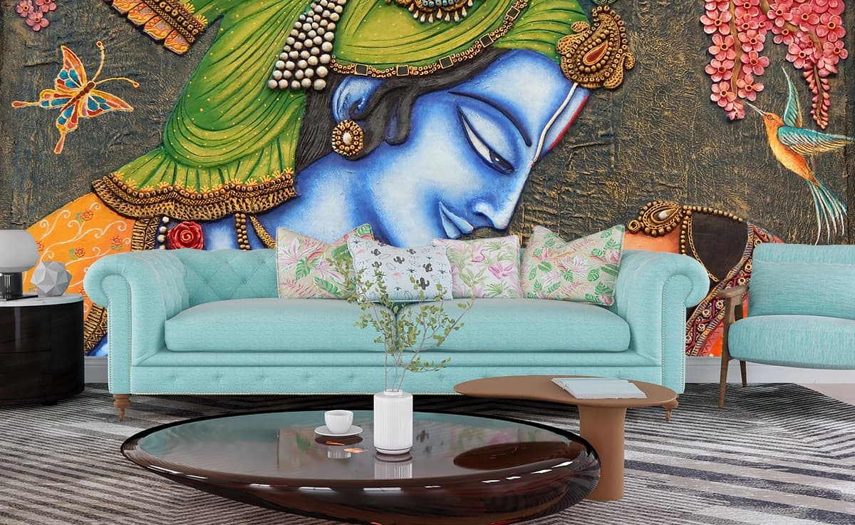 Radha Krishna Painting Mural Wallpaper shown in a room