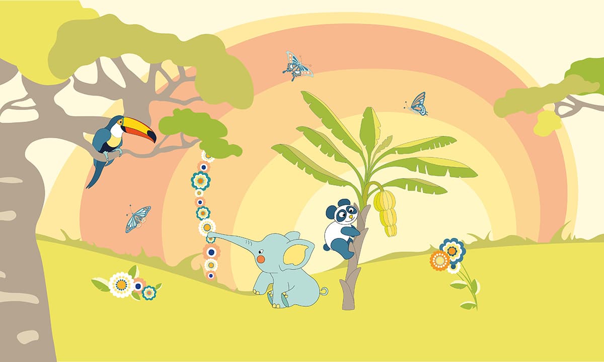 Cute Cartoon animals in Jungle Kids Wallpaper Mural pattern detail
