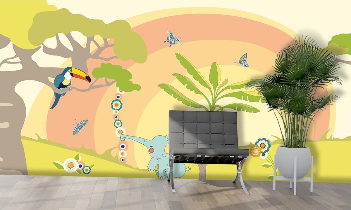 Cute Cartoon animals in Jungle Kids Wallpaper Mural shown in a room