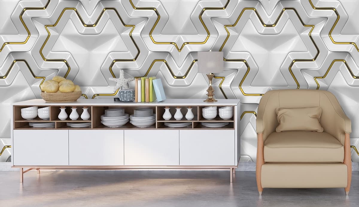 Classic White and Gold Star Pattern Design Wallpaper shown in a room