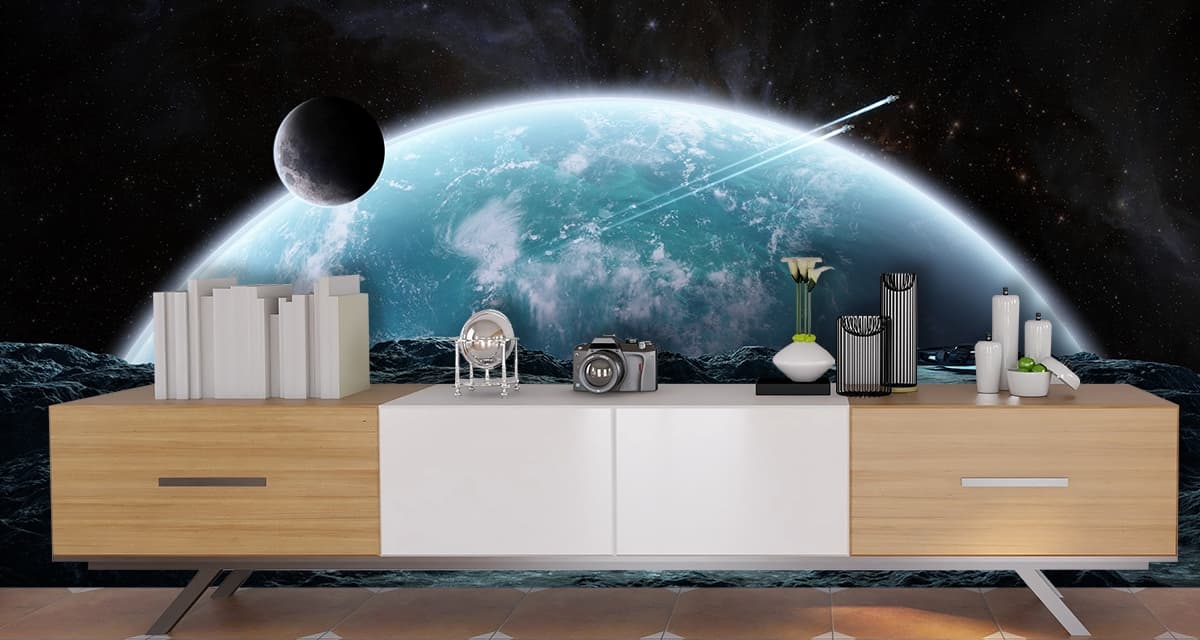 Planet and Moon with Meteorite Space Wall Mural Wallpaper shown in a room