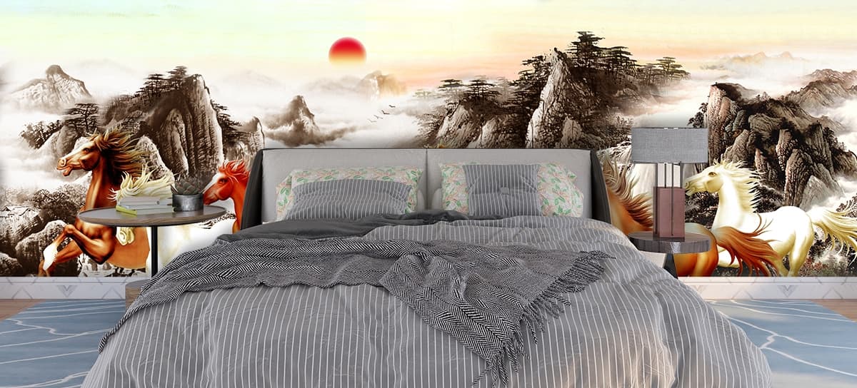 Seven Horses Running Scenery Wallpaper for Home shown in a room