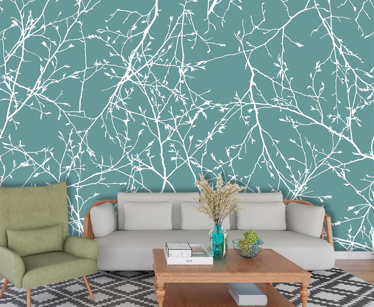 Elegant White Branches Blue Aesthetic Wallpaper shown in a room