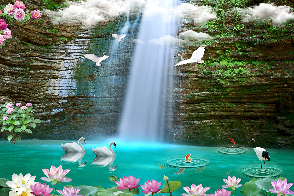 A waterfall with swans and flowers pattern detail