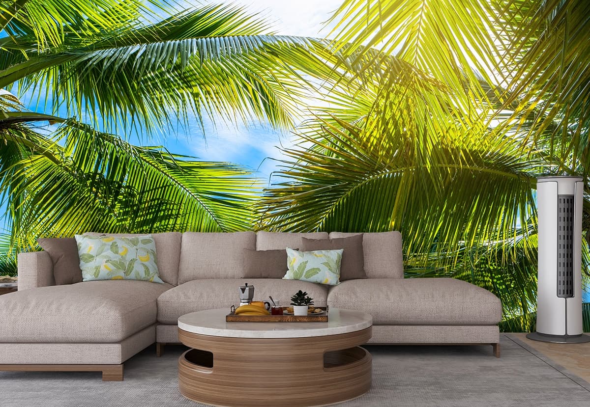 Sunlight Through Palm Trees Scenic wallpaper shown in a room