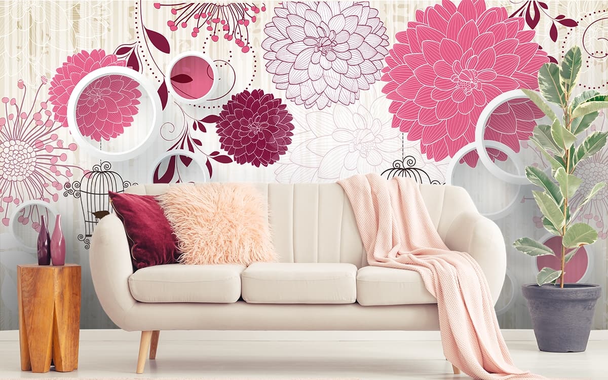 A wallpaper with flowers and cups shown in a room