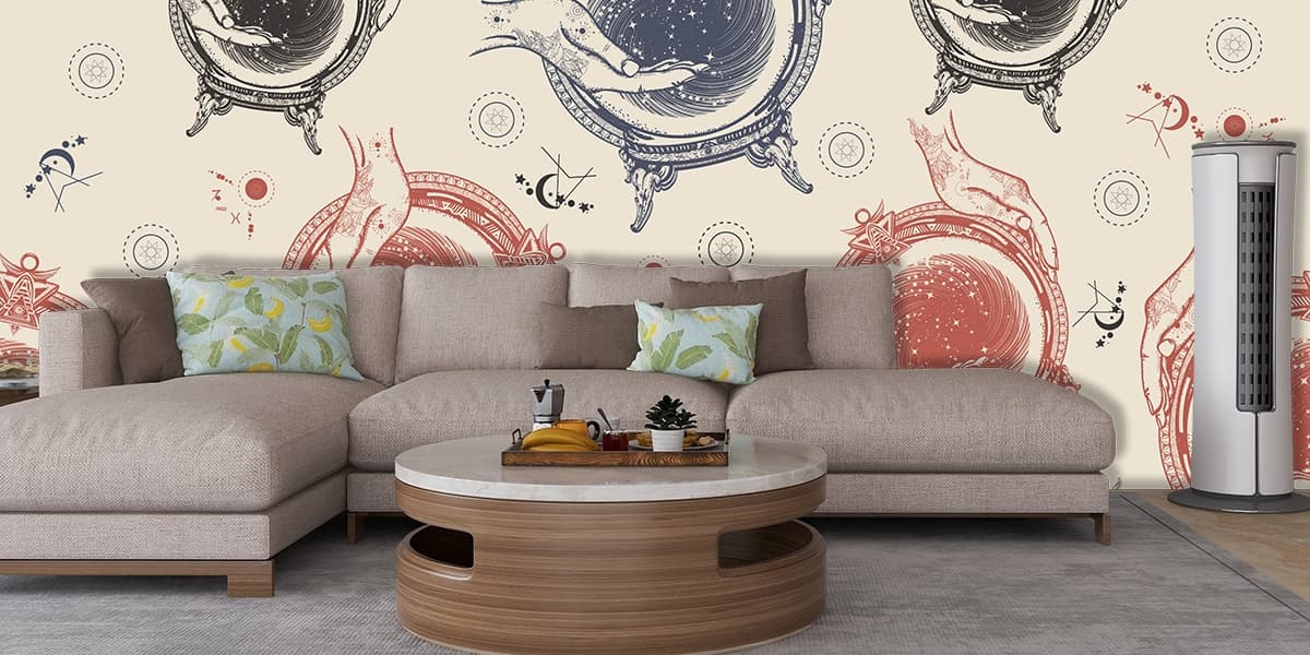 Abstract Hands Holding Circle Pattern Wall Mural Wallpaper shown in a room