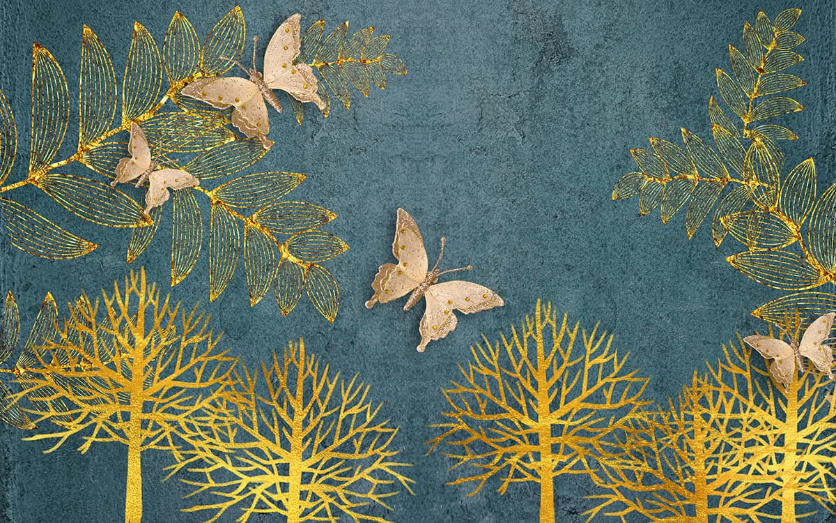 Butterflies and Golden Leaf Trees Elegant Nature Wallpaper pattern detail