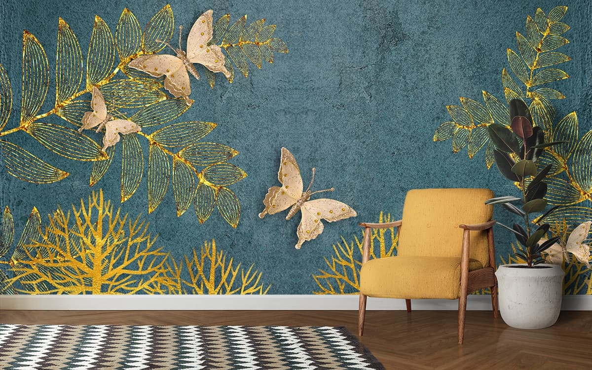 Butterflies and Golden Leaf Trees Elegant Nature Wallpaper shown in a room