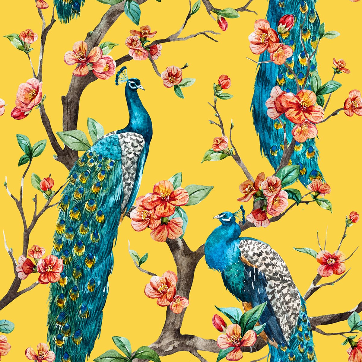 Beautiful Peacocks Wallpaper with Flowers pattern detail