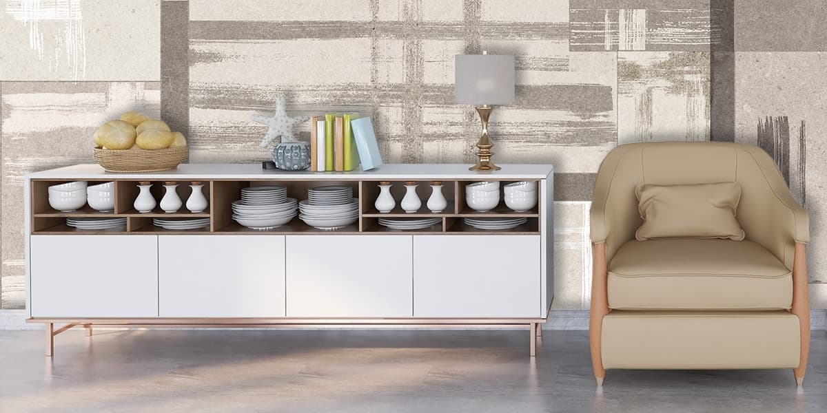 An Abstract Design Wallpaper to Decorate a Wall shown in a room