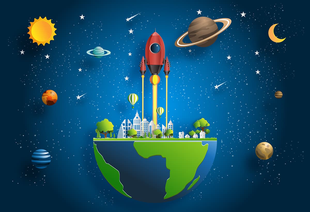 Cute Rocket Ship Space Theme Kids Room Wallpaper pattern detail