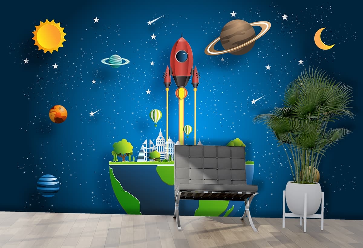Cute Rocket Ship Space Theme Kids Room Wallpaper shown in a room