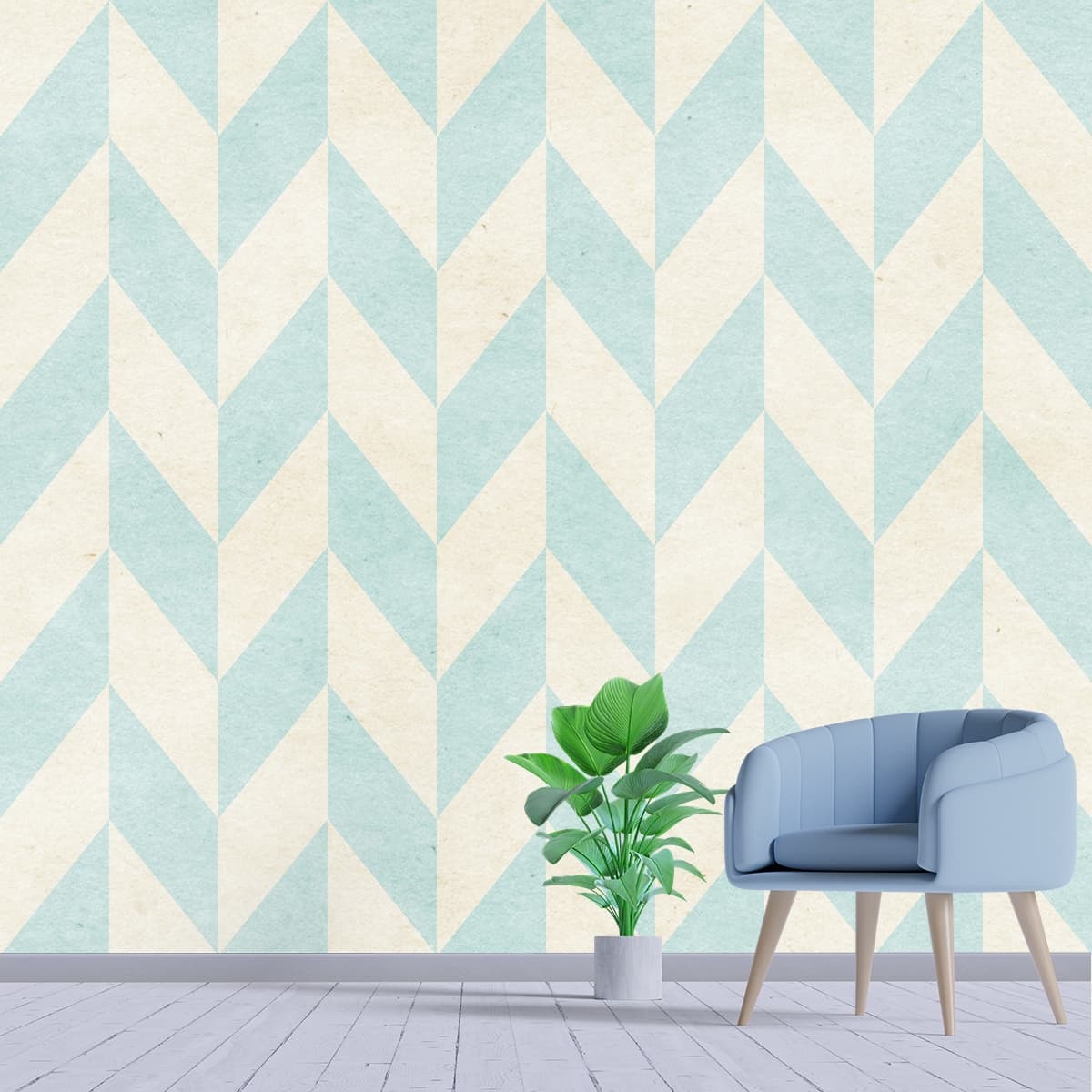 Blue and White Chevron Pattern Wallpaper Mural shown in a room