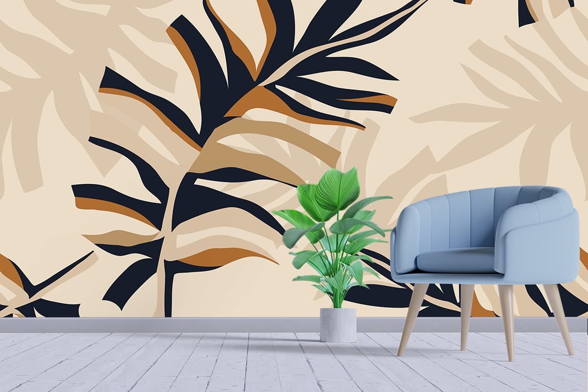 Beige Background Leaf Pattern Elegant Wallpaper shown in a room