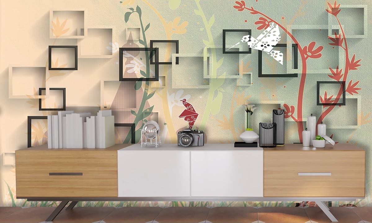 A wallpaper with a floral design shown in a room