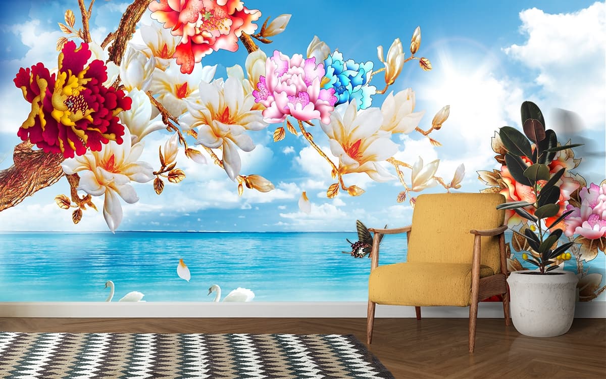 Ocean Beach with White Swans and Floral Branch Wallpaper shown in a room