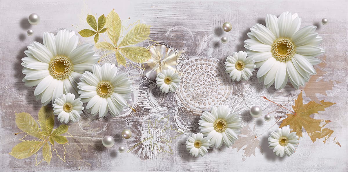A white flowers and pearls on a white surface pattern detail