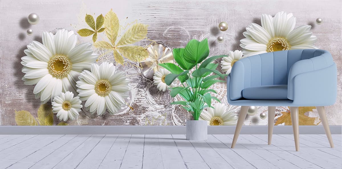 A white flowers and pearls on a white surface shown in a room