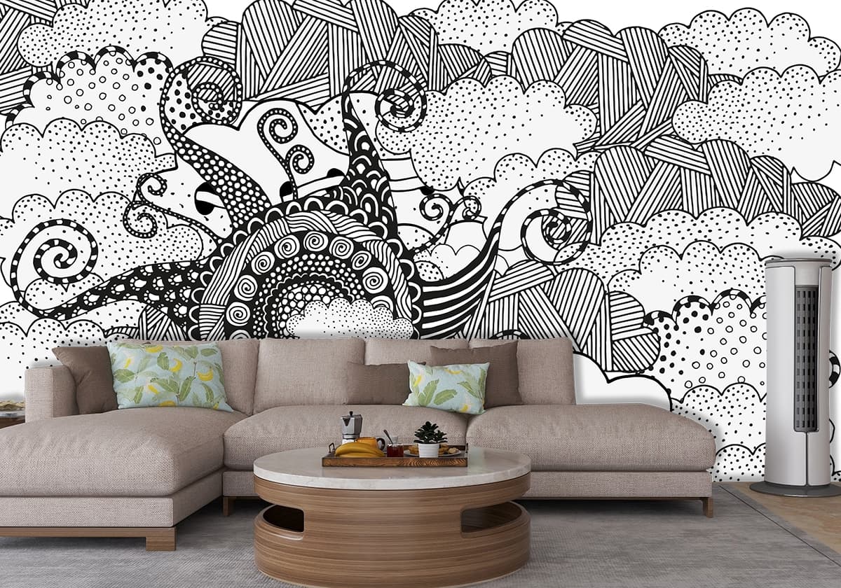 Sketch style clouds with swirling lines pattern wallpaper shown in a room