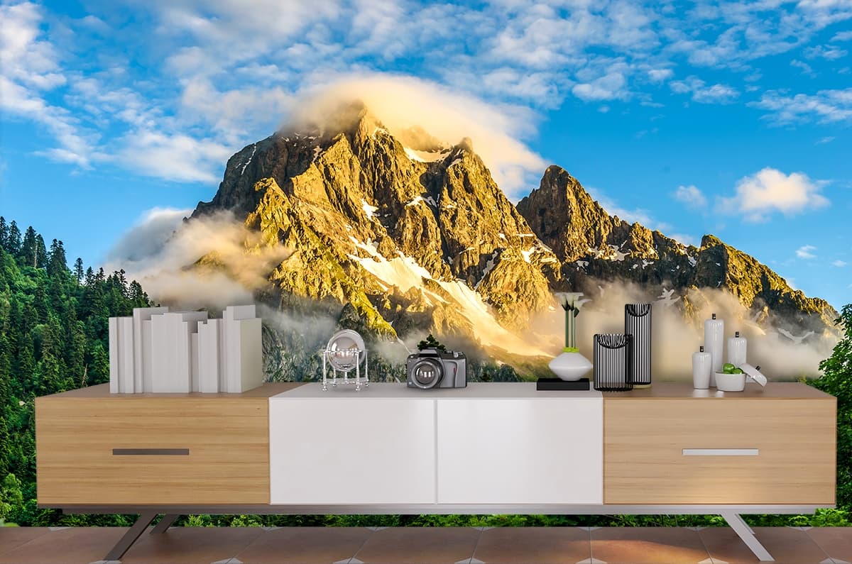 Sunlight Falling on Mountain, Forest Wallpaper for Walls shown in a room