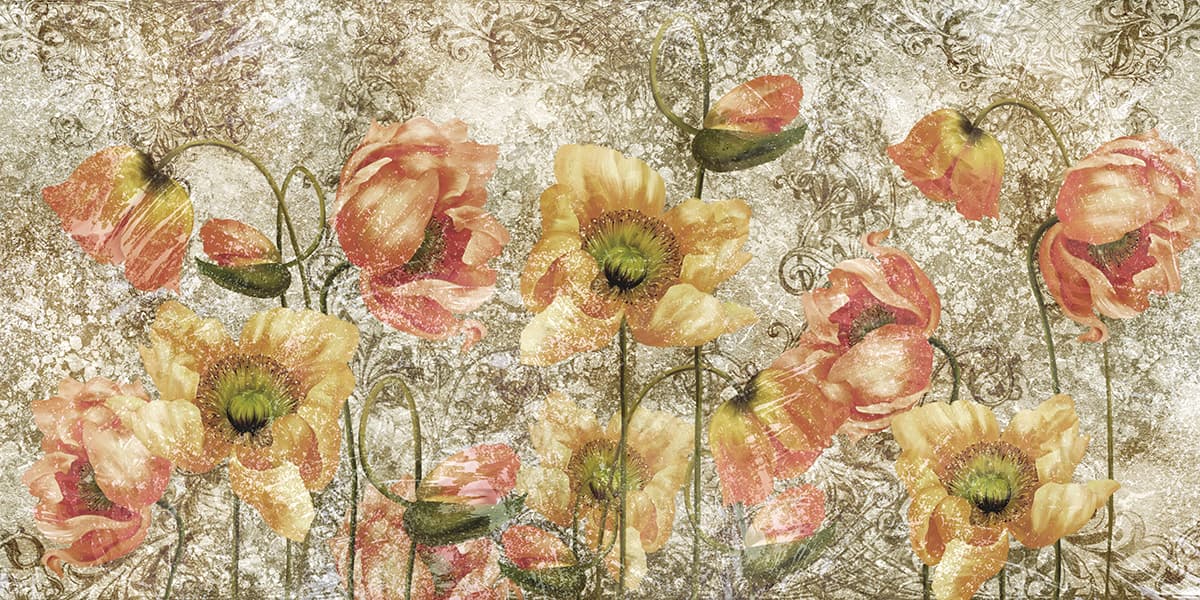 Antique Yellow Poppy Floral Texture Pattern Wallpaper pattern detail