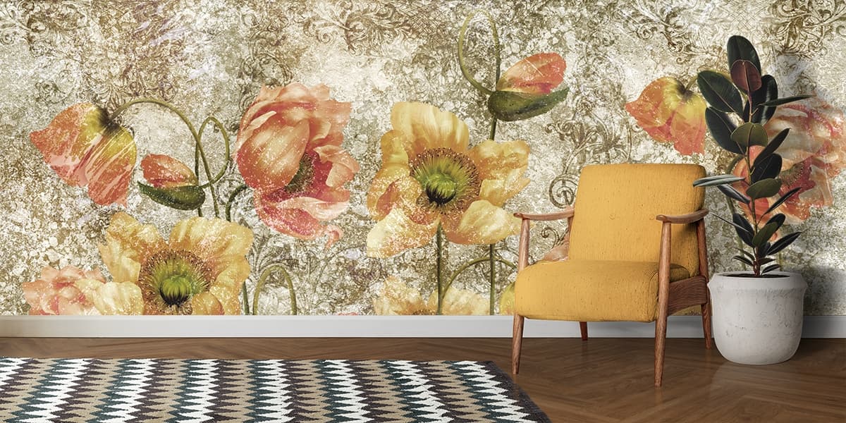 Antique Yellow Poppy Floral Texture Pattern Wallpaper shown in a room