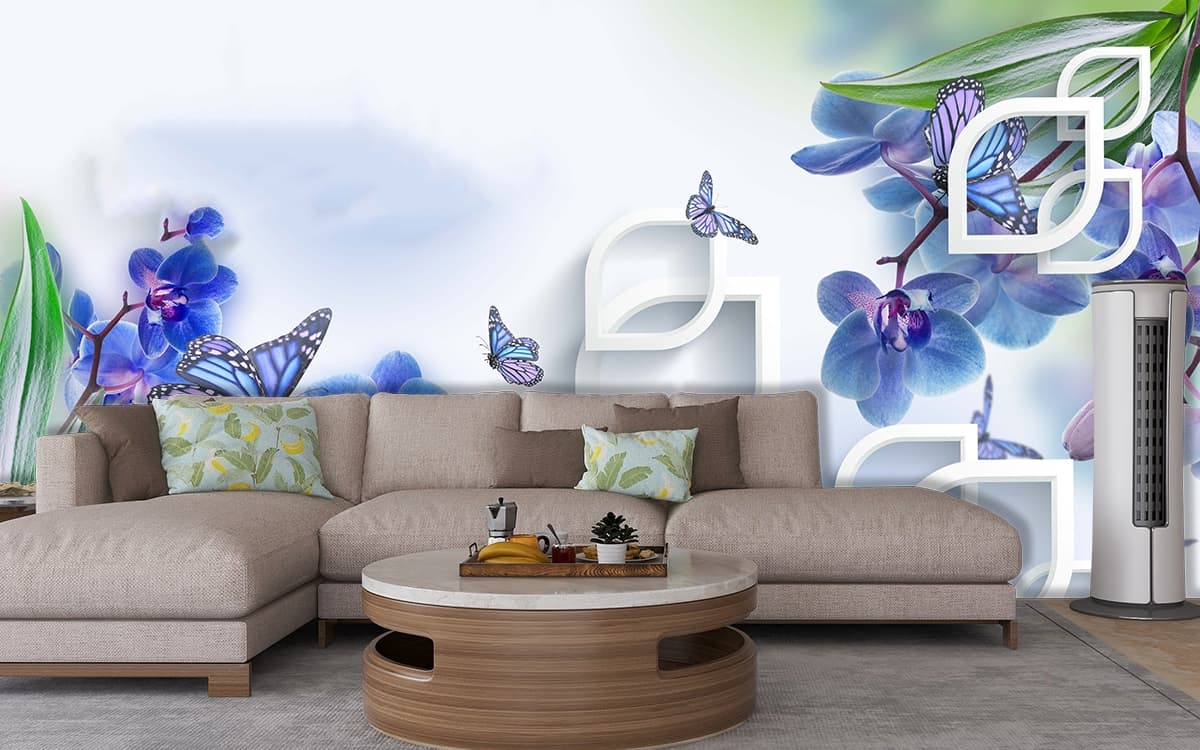 Blue floral blooms with butterflies in soft art style wallpaper shown in a room