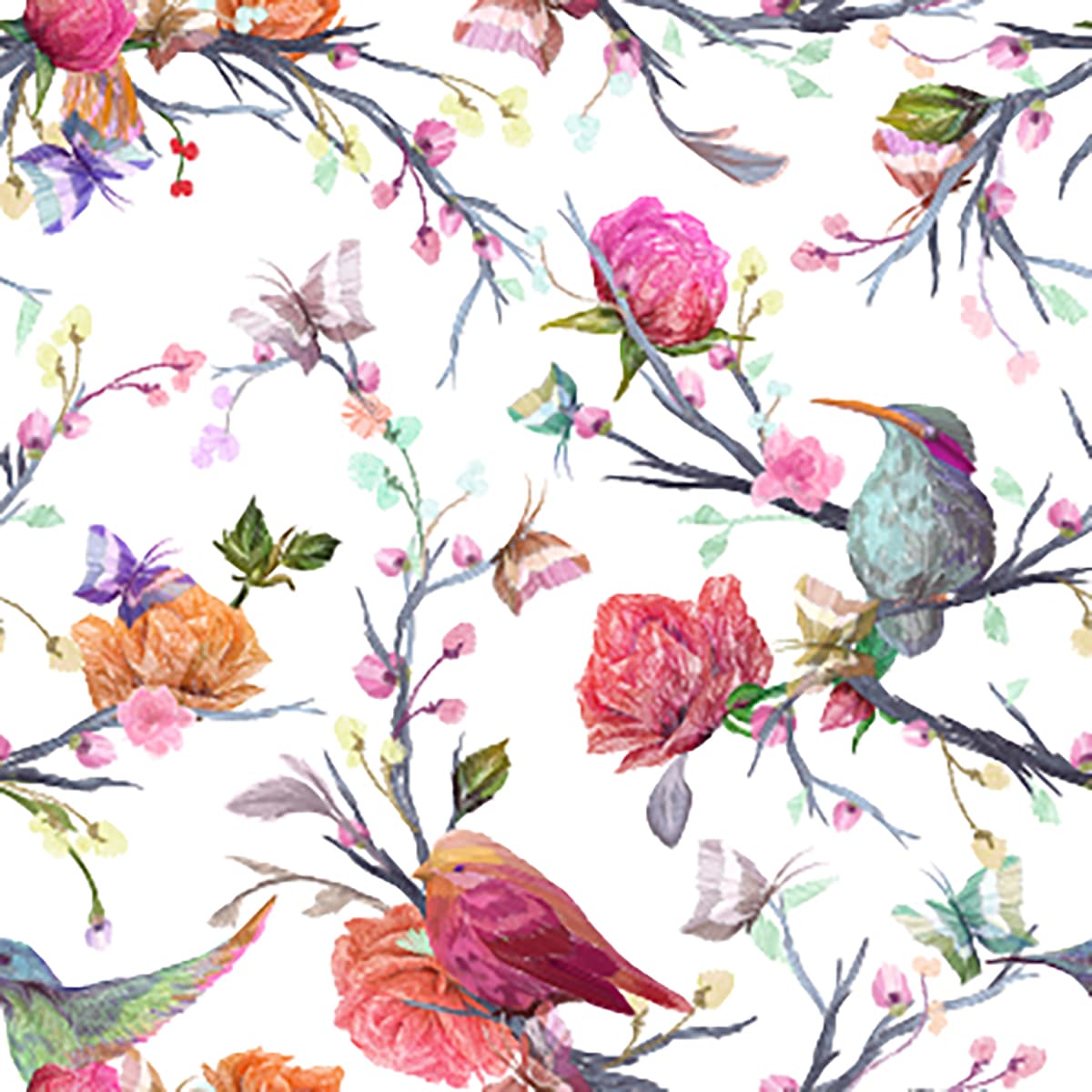 Elegant Hand-Drawn Bird and Flower Art Wallpaper pattern detail