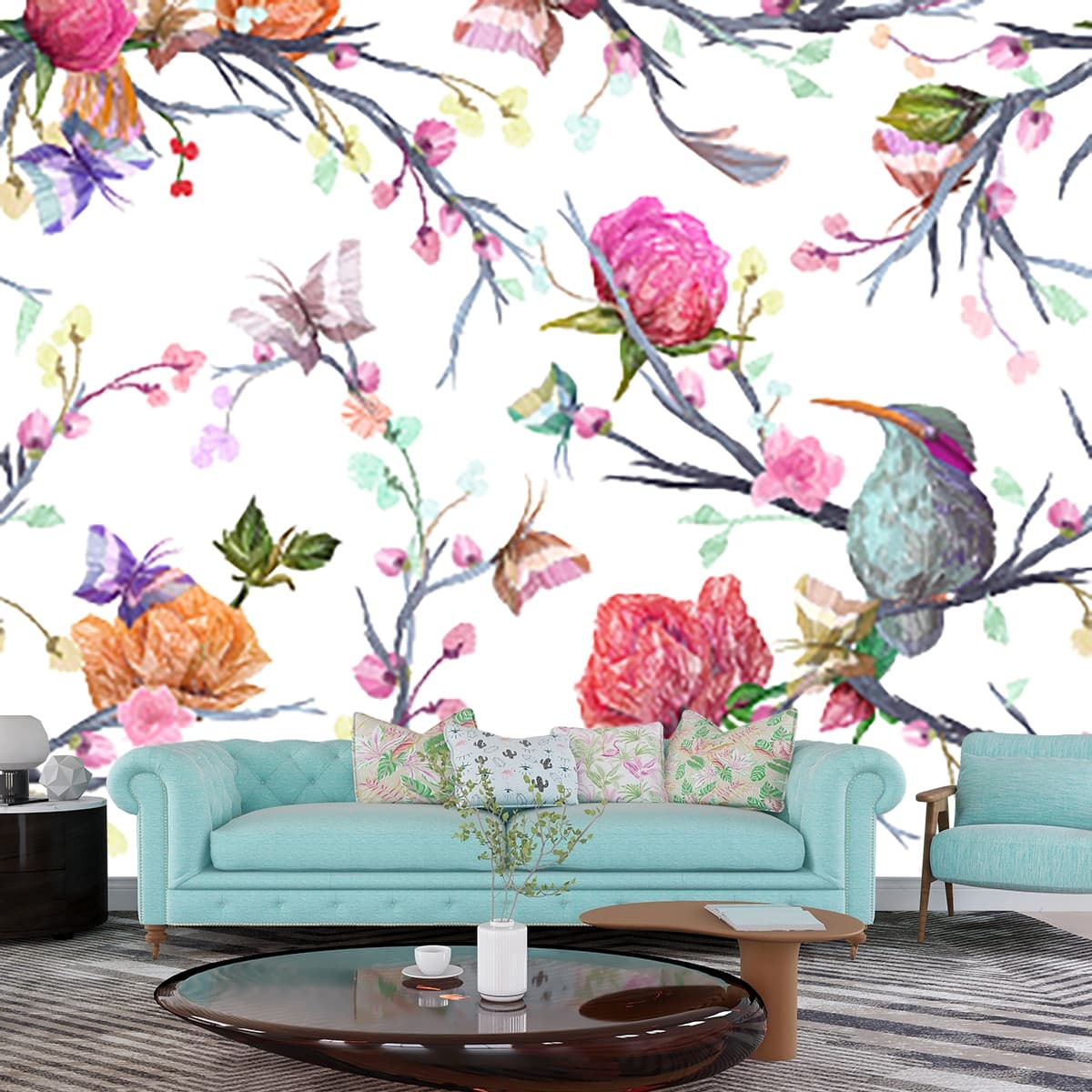 Elegant Hand-Drawn Bird and Flower Art Wallpaper shown in a room