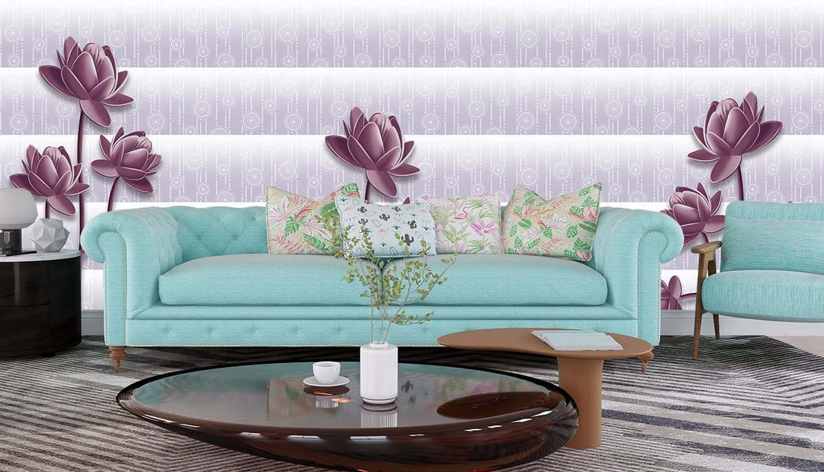 Purple Flowers on Striped Background Elegant Wallpaper shown in a room