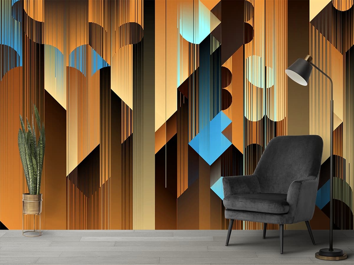 Colorful Lines and Shapes Abstract Pattern wallpaper shown in a room