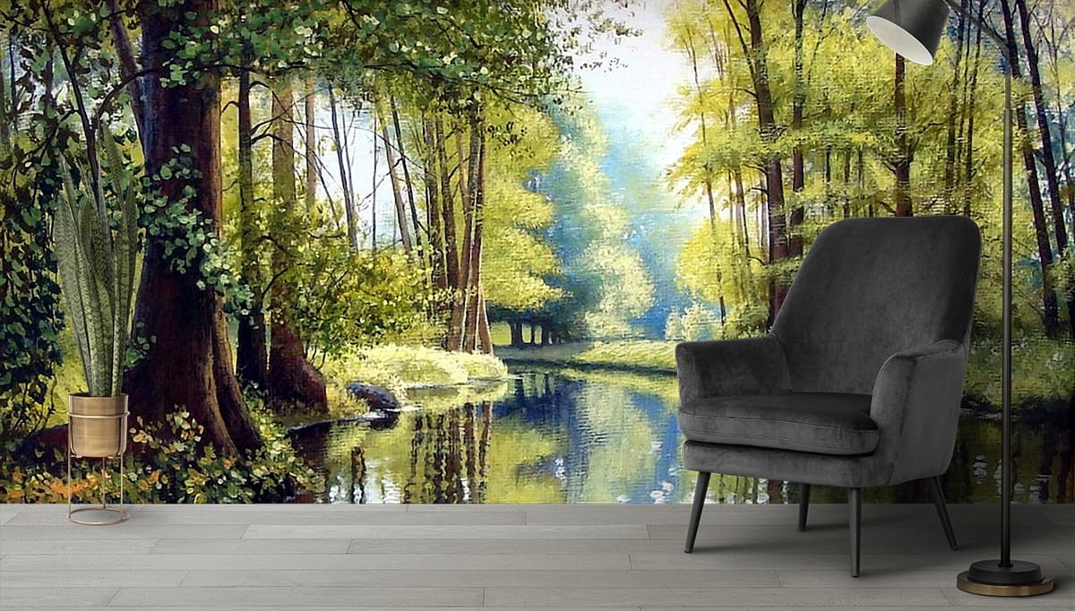 Premium Mountain River Snow Scene Wallpaper shown in a room