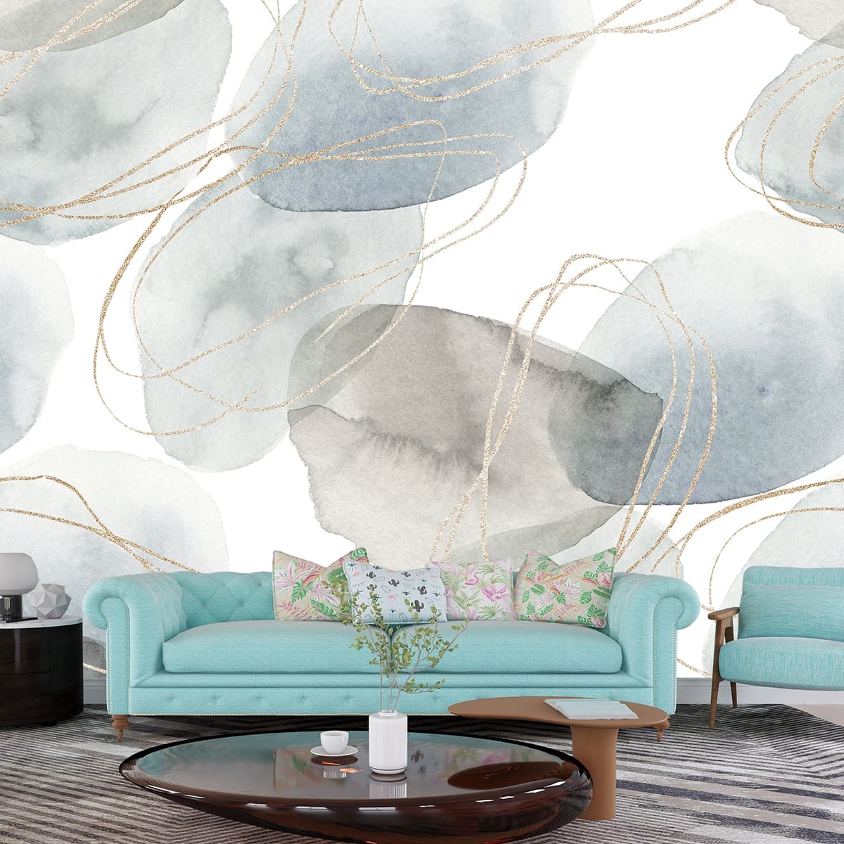 Elegant Watercolor Circles and Lines Wallpaper shown in a room