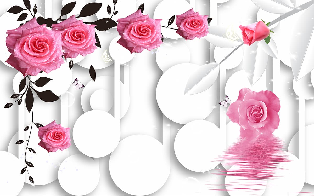 Pink Roses and White Circles Wallpaper for Wall pattern detail