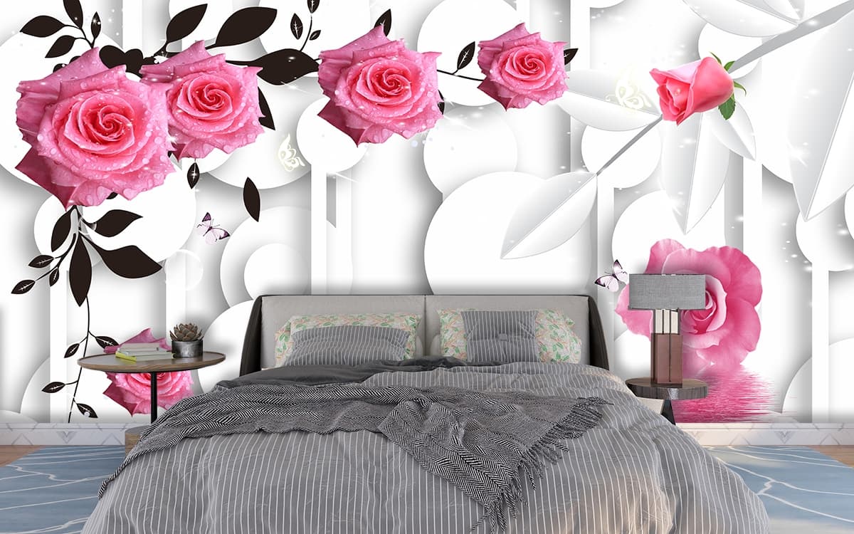 Pink Roses and White Circles Wallpaper for Wall shown in a room