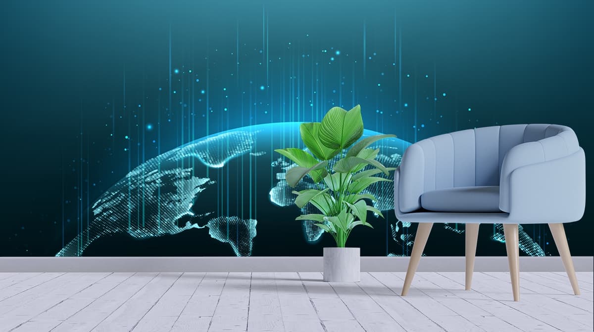 Blue world map with dotted network connection theme wallpaper shown in a room