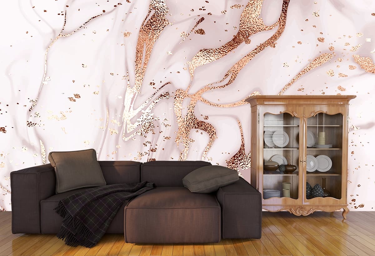 White and Pink Marble Wallpaper, Romantic 3D Wallpaper for Bedroom Walls shown in a room