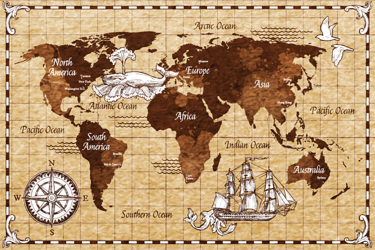 Vintage World Map with Ships and Compass Explorer Style wallpaper pattern detail