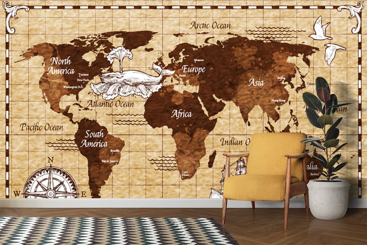 Vintage World Map with Ships and Compass Explorer Style wallpaper shown in a room