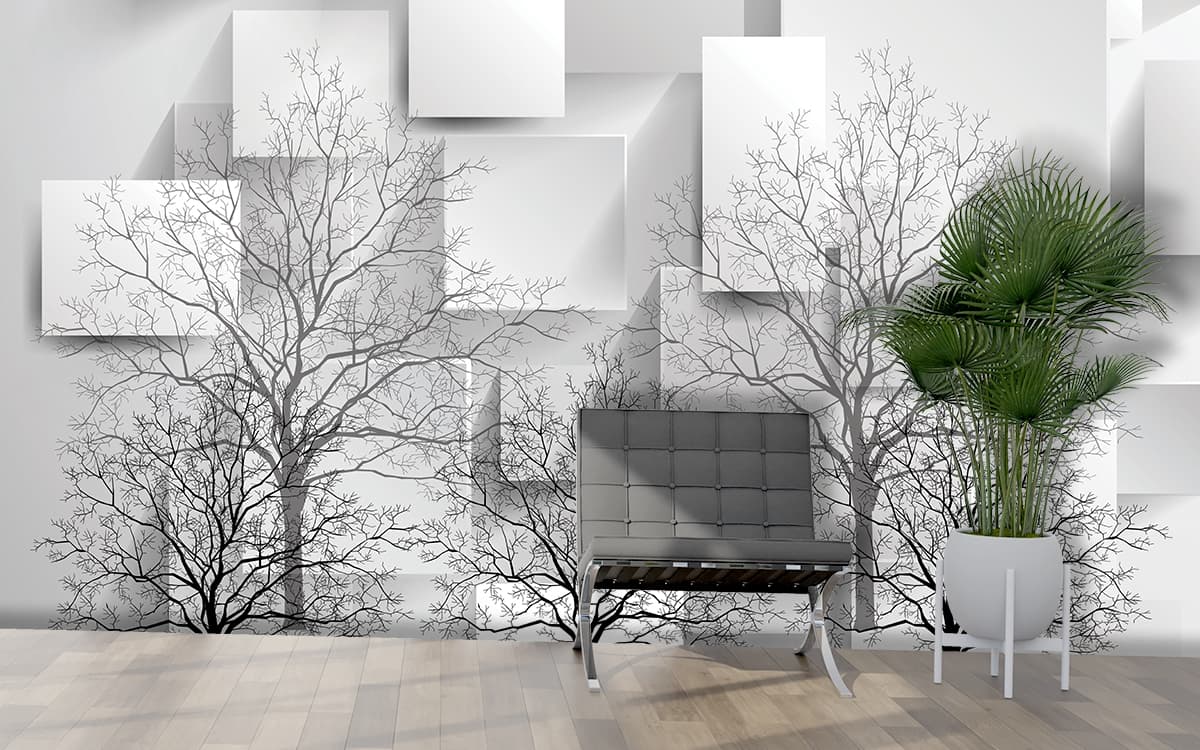 A wallpaper with trees and squares shown in a room